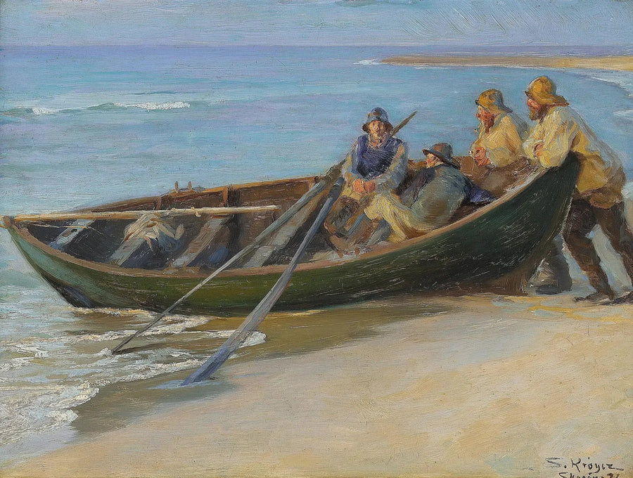 Norra stranden av Skagen. En grön båt vid vattnet. Två fiskare sittande i båten, lutande sig mot relingen. Inuti finns en fiskespö och två åror. - Peder Severin Krøyer