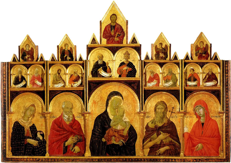 Polyptyk av Jungfru Maria med barnet och helgon - Duccio di Buoninsegna