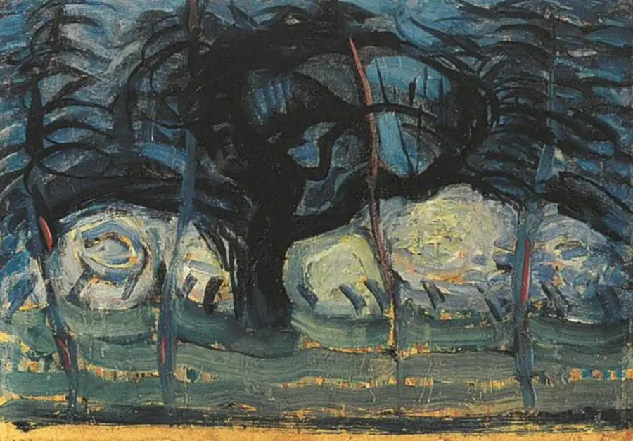 Blå äppleträd med vågiga linjer I - Piet Mondrian