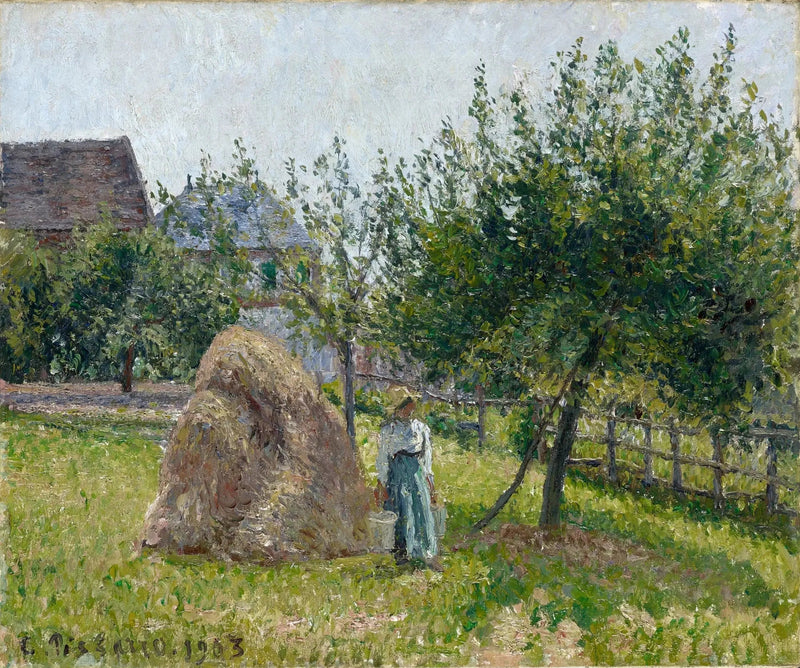 Äppelträd och kvarn i Eragny, solig morgon - Camille Pissarro