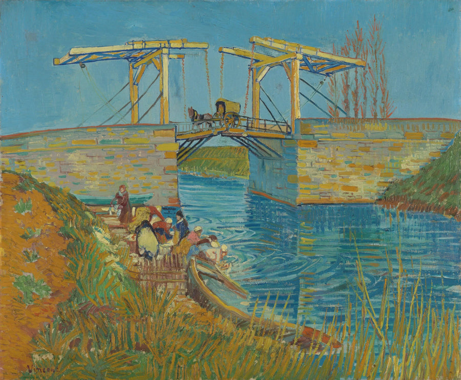 Pont de Langlois à Arles, F397 — pont-levis jaune, charrette et lavandières peints par Vincent van Gogh