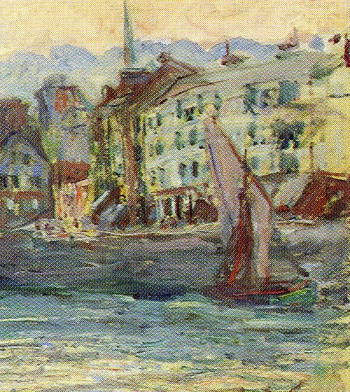 Détail des bateaux, de la grande voile et des reflets du port de Honfleur peints par Monet