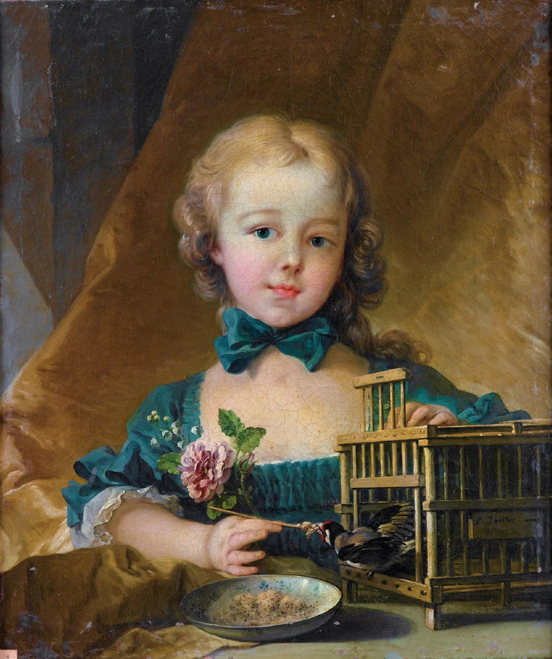 Porträtt av Alexandrine Le Normant d'Étiolles som leker med en fink - François Boucher