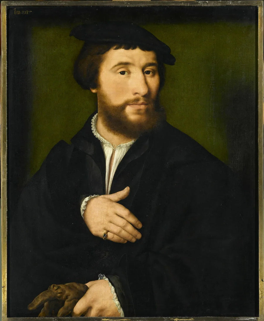 Porträtt av en man klädd i svart och som håller sina handskar i ena handen - Joos van Cleve
