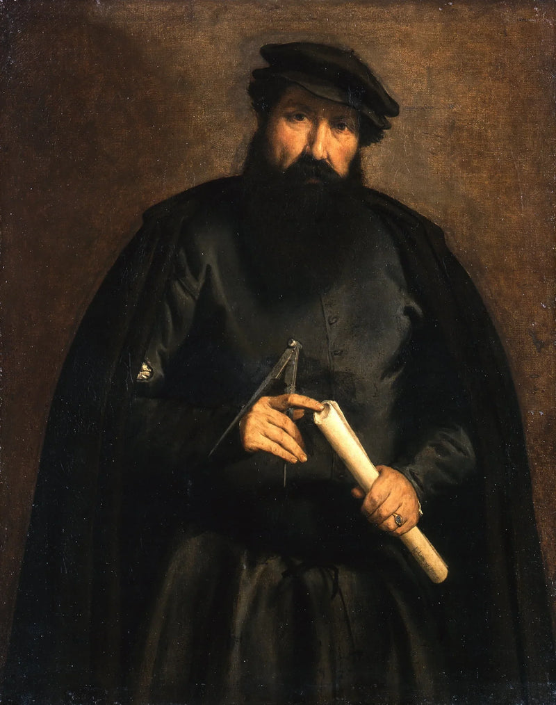Porträtt av en man med en cirkel och ett papper rulle - Lorenzo Lotto