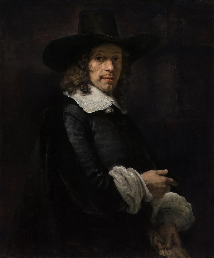 Porträtt av en man med cylinderhatt och handskar - Rembrandt