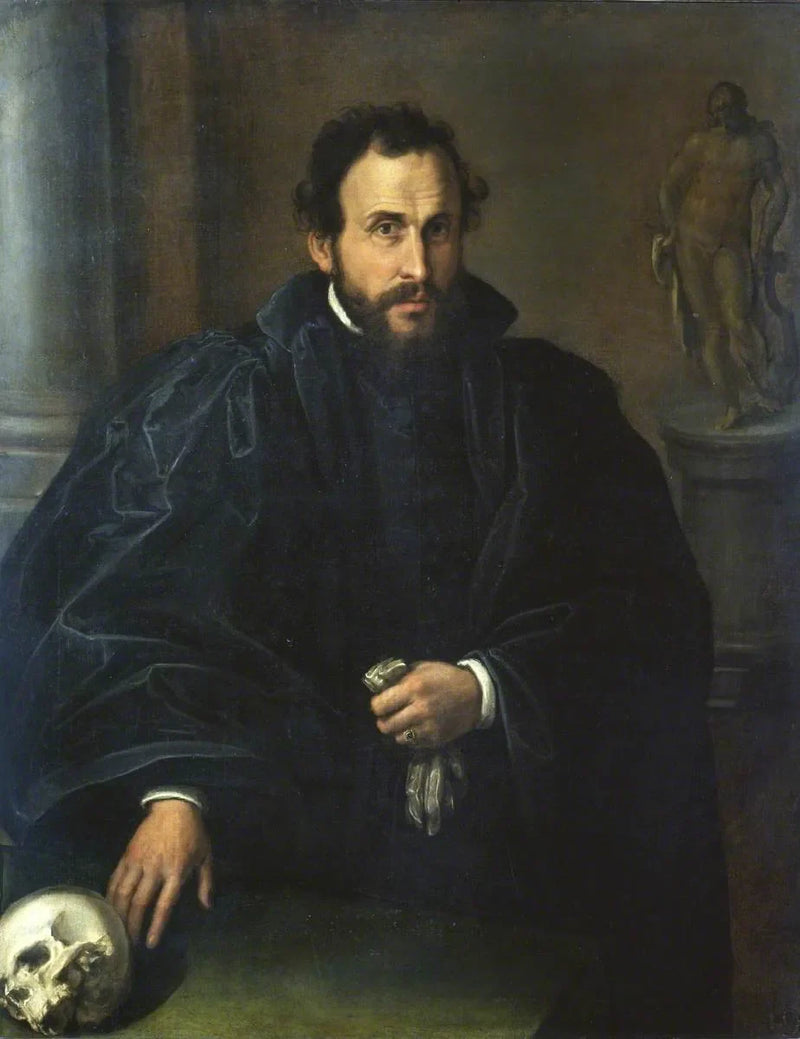 Porträtt av en man med ett skalle - Lorenzo Lotto