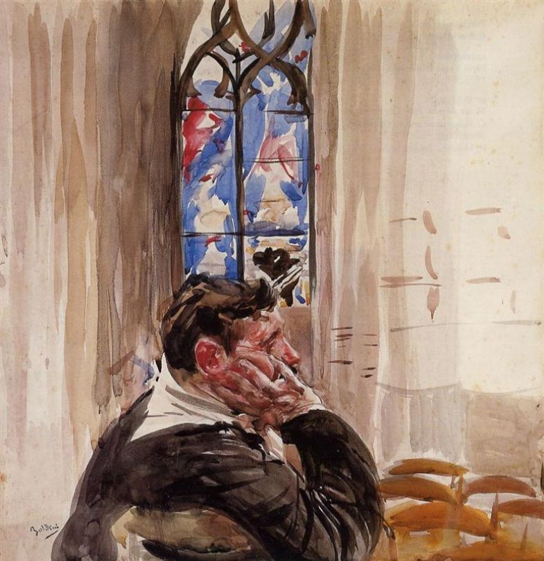 Porträtt av en man i en kyrka - Giovanni Boldini