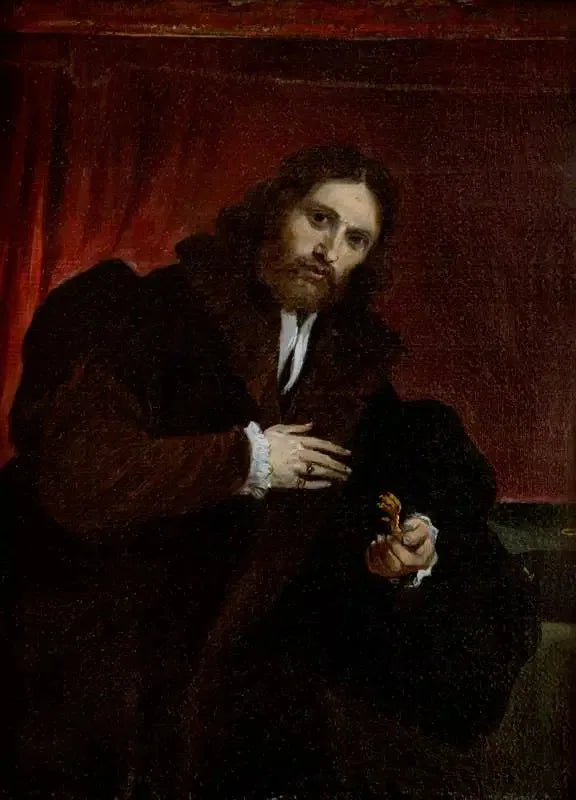 Porträtt av en man i en pälsrock som håller ett lejonklor (efter Lorenzo Lotto) - David Teniers den yngre