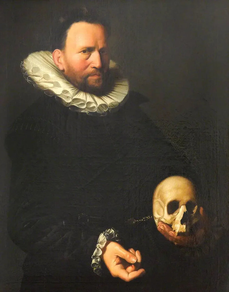 Porträtt av en man som håller ett kranium - Frans Hals