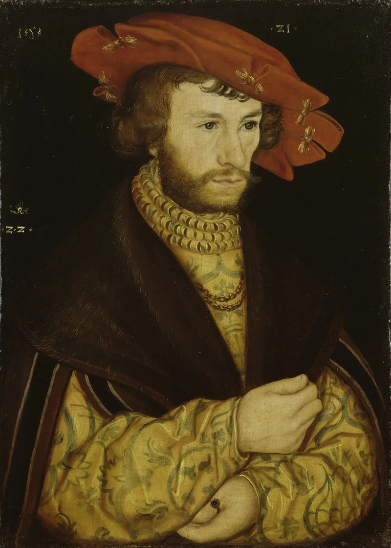 Porträtt av en ung man med skägg och röd basker - Lucas Cranach den äldre