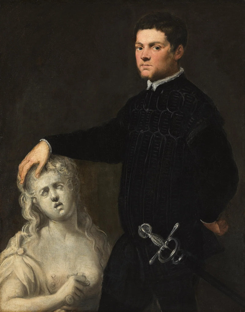 Porträtt av en ung man med en skulptur av Lucrezia - Tintoret - Jacopo Tintoretto