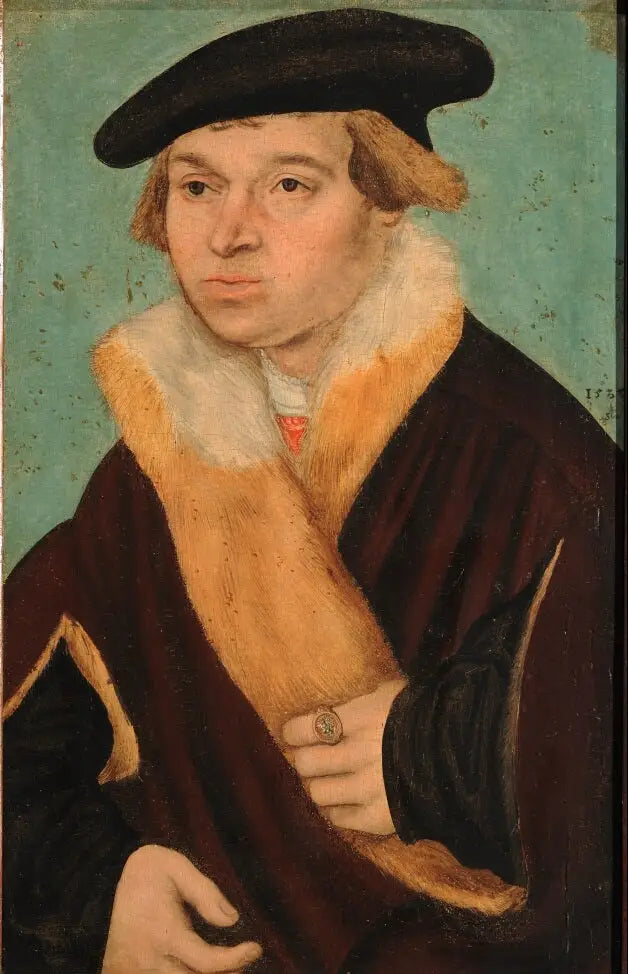 Porträtt av en ung man med näraklippt skägg i en pälsbeklädd kappa ljus - Lucas Cranach den äldre