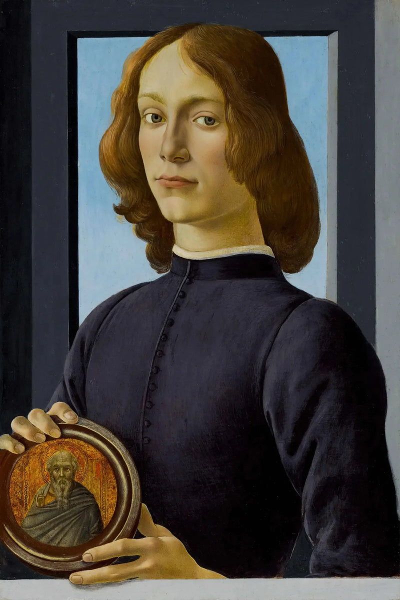 Porträtt av en ung man som håller ett medaljong - Sandro Botticelli