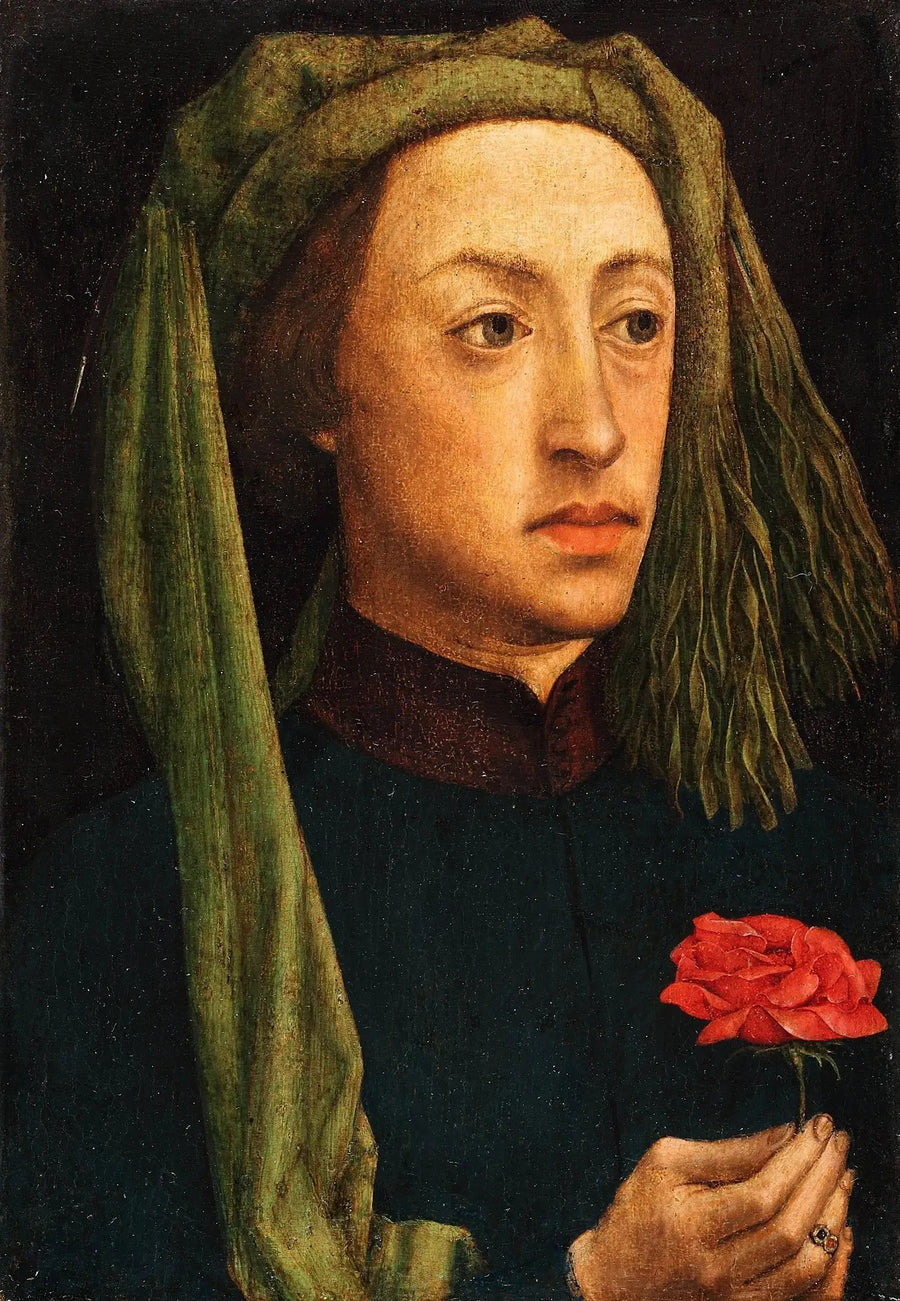 Porträtt av en ung man som håller en röd ros - Jan van Eyck