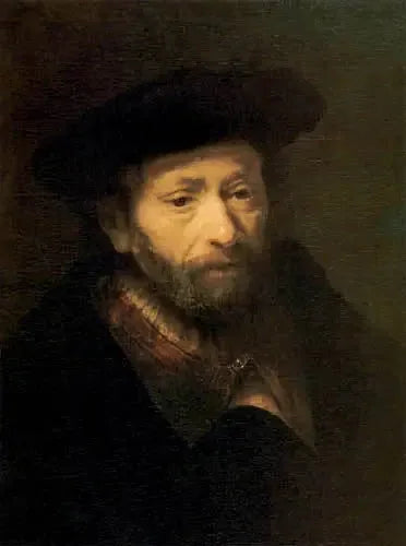 Porträtt av en gammal skäggig man med en hand i sin kappa - Rembrandt