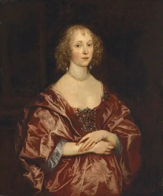Porträtt av en dam, halvfigur, i en röd klänning broderad med pärlor och diamanter - Antoine van Dyck