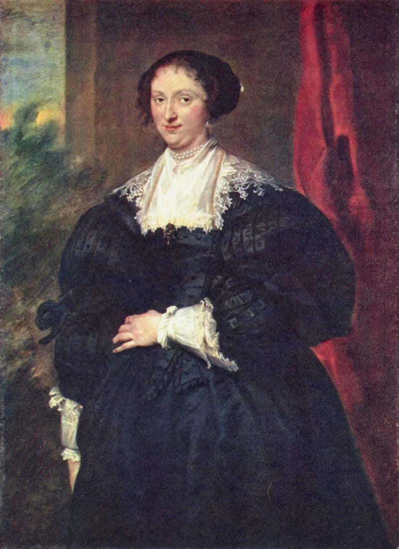 Porträtt av en dam i svart framför en röd gardin - Antoine van Dyck