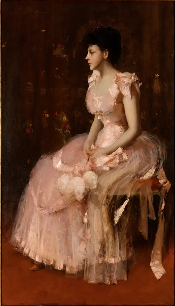 Porträtt av en dam i rosa - William Merritt Chase