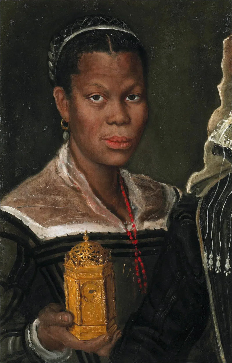 Porträtt av en afrikansk kvinna som håller en klocka - Annibale Carracci