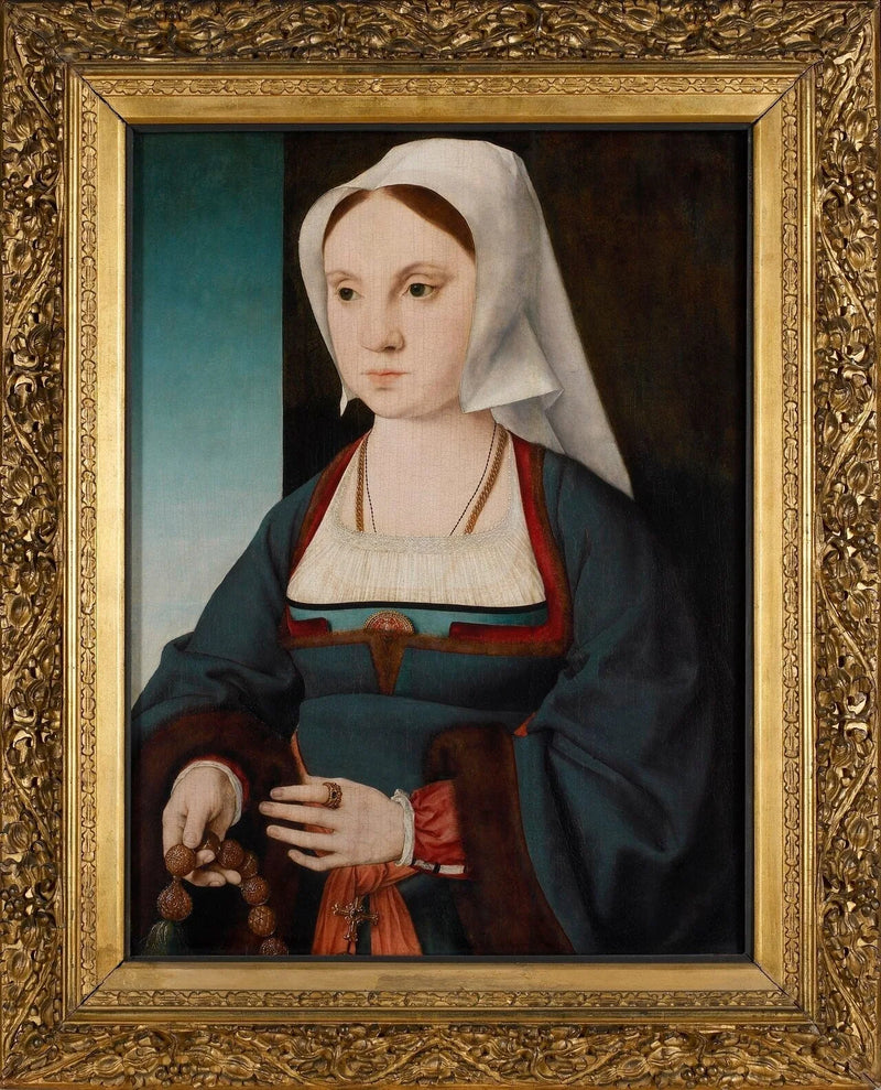 Porträtt av en kvinna med ett rosenkrans - Joos van Cleve