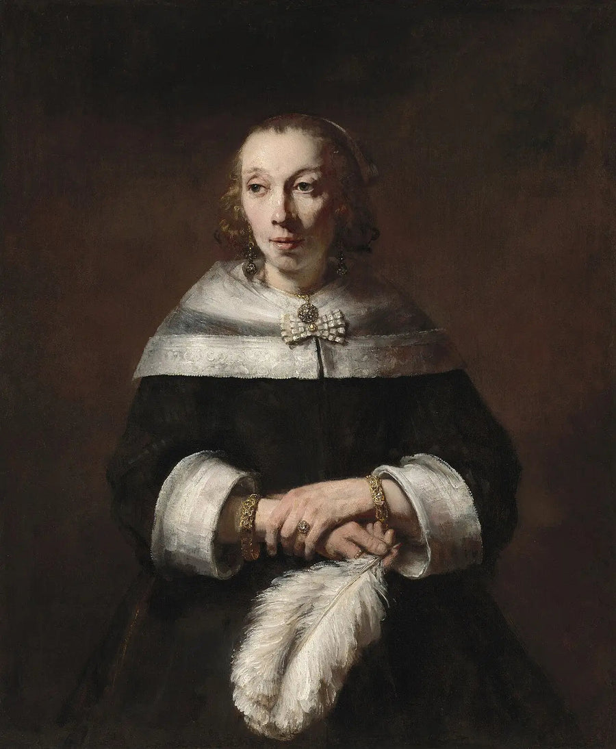 Porträtt av en kvinna med en fjäderfläkt - Rembrandt