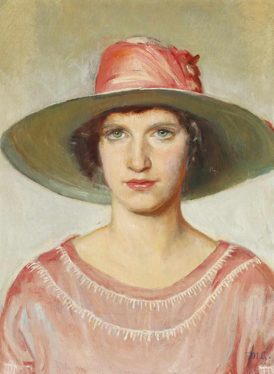 Porträtt av en flicka i rosa klänning och halmhatt prydd med ett rosa band - Michael Peter Ancher