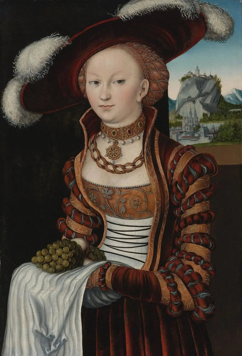 Porträtt av en ung kvinna som håller ett klas av druvor - Lucas Cranach den äldre