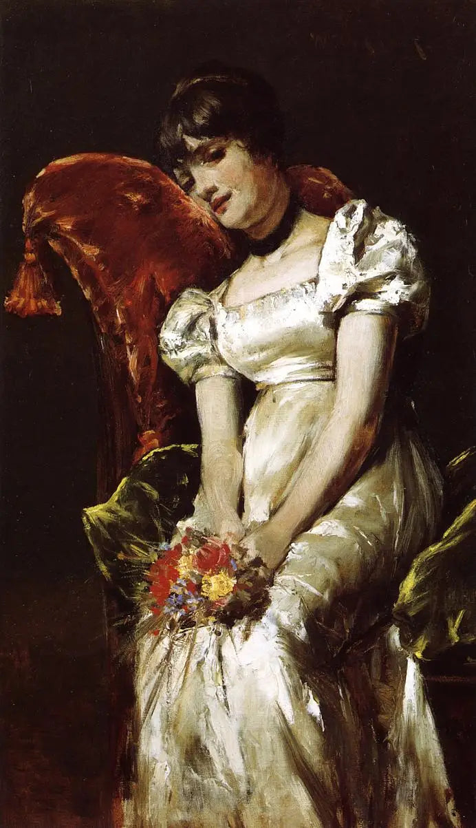 Porträtt av en ung flicka som sitter och håller en bukett - Pierre-Auguste Renoir
