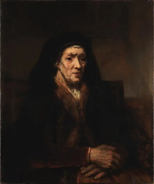 Porträtt av en gammal kvinna som sitter med händerna ihop - Rembrandt