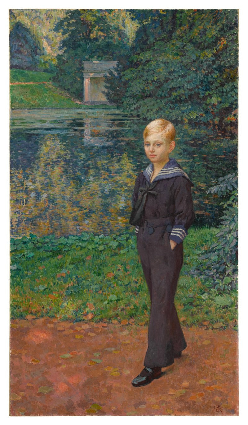 Porträtt av Claude Stevens i marin, i trädgården - Théo van Rysselberghe