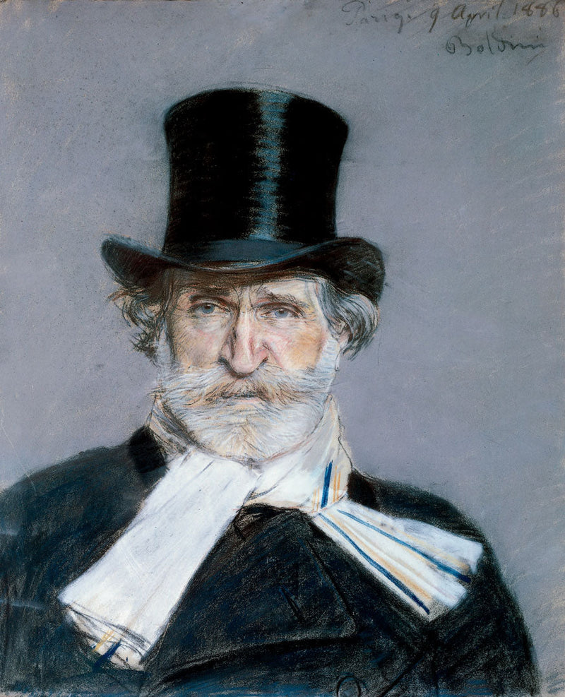 Porträtt av Giuseppe Verdi med vit halsduk och hög hatt - Giovanni Boldini