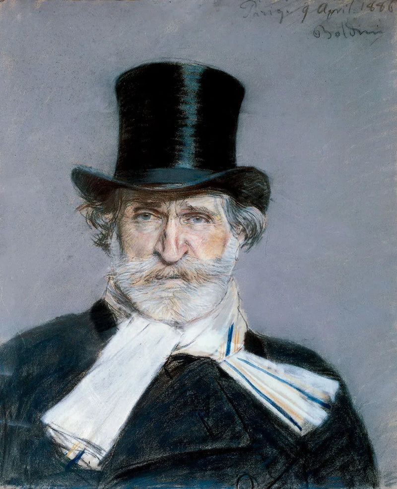 Porträtt av Giuseppe Verdi med vit halsduk och hög hatt - Giovanni Boldini