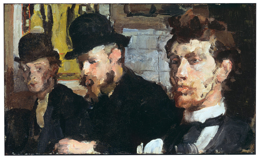 Gruppporträtt med från vänster till höger konstnärerna Carel Adolph Lion Cachet, Gerrit Willem Dijsselhof och Theo Nieuwenhuis - Isaac Israëls