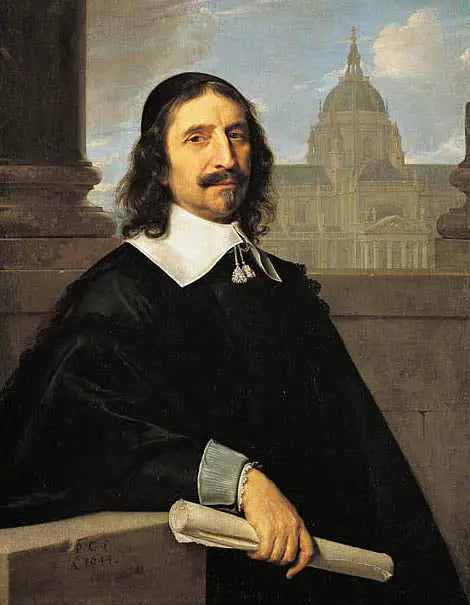 Porträtt av Jacques Lemercier framför Sorbonne-kapellet byggt mellan 1635 och 1653 - Philippe de Champaigne