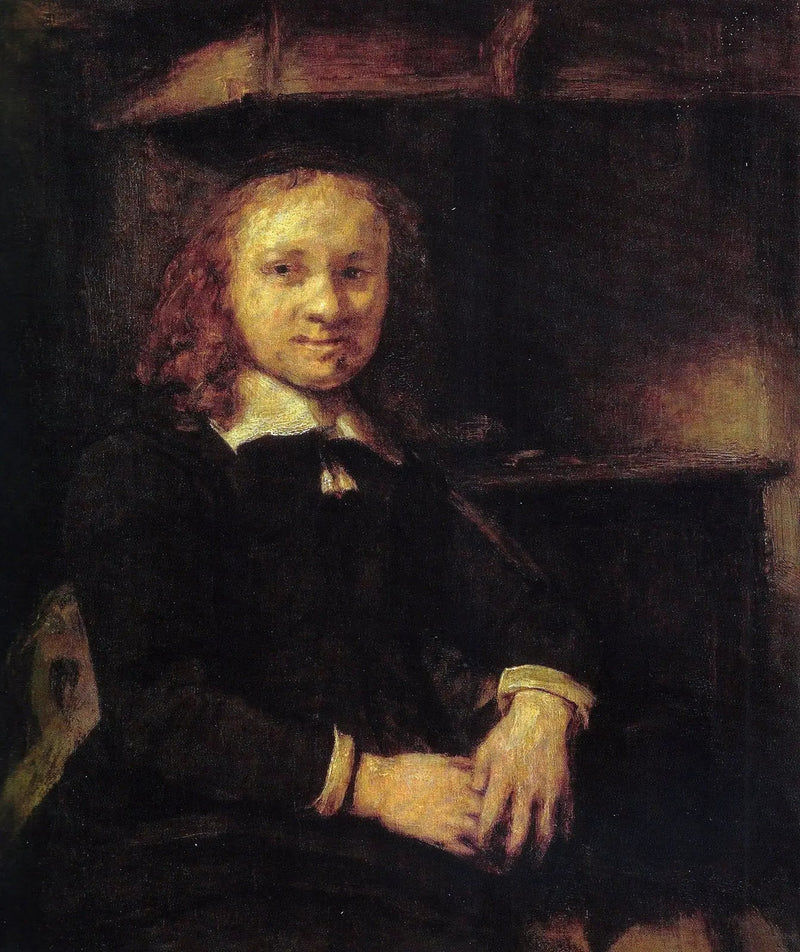 Porträtt av Jan Boursse, sittande nära en kamin - Rembrandt
