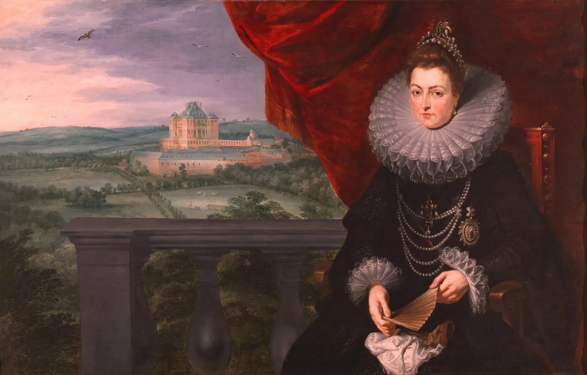 Portrait de l'infante Isabelle avec le château de Mariement en arrière-plan - Peter Paul Rubens image 1 copie de tableau peinte à la main