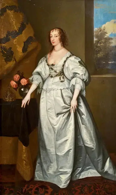 Porträtt av drottning Henriette Marie stående i en vit satinklänning - Antoine van Dyck