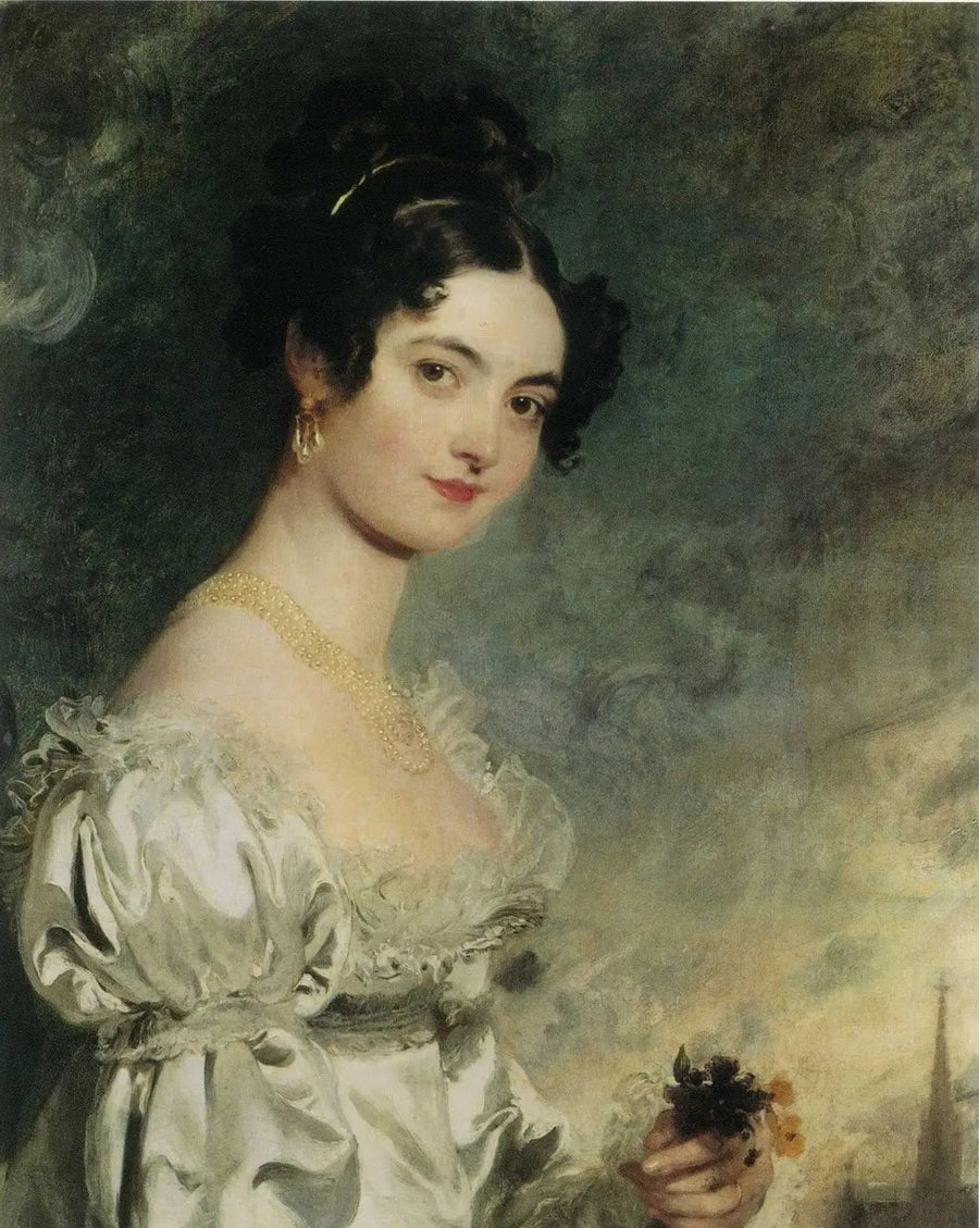 Porträtt av Lady Selina Meade (1797–1872), i halvkropp, i en elfenbensfärgad satinsklänning, med spiran av Stephansdomen i Wien i bakgrunden - Thomas Lawrence
