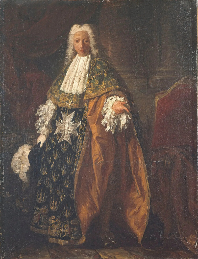 Porträtt av Paul-Hippolyte de Beauvillier, hertig av Saint-Aignan (1684-1776), i riddarutstyr av Ordre du Saint-Esprit - Pierre Subleyras