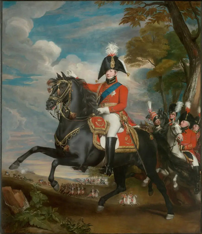Porträtt av H.K.H. prinsen av Wales vid en militärparad, i närvaro av Lord Heathfield, general Turner, överste Bloomfield och baron Eben; överste Quinton i fjärran - John Singleton Copley