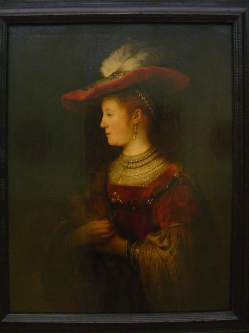 Porträtt av Saskia med en hatt - Rembrandt