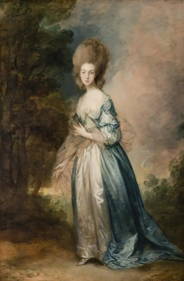 Porträtt av Selina Thistlethwayte från Normandiska hovet, stående i blå och vit klänning - Thomas Gainsborough