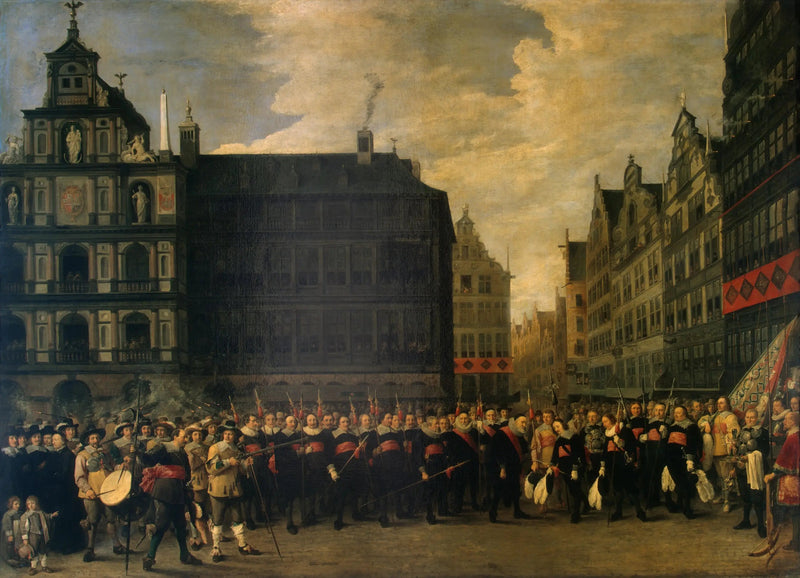 Porträtt av medlemmarna i bågskyttesällskapet på Grote Markt i Antwerpen - David Teniers den yngre