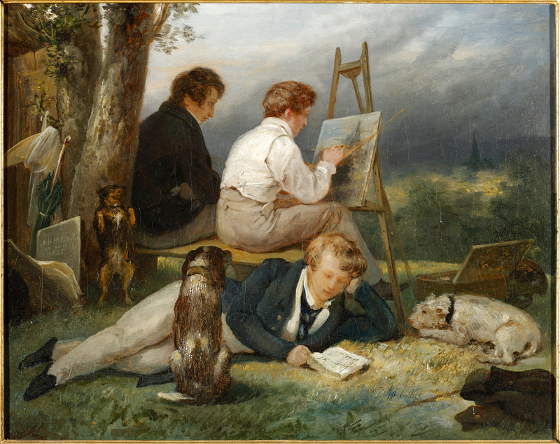 Porträtt av de tre bröderna Scheffer i ett landskap - Ary Scheffer