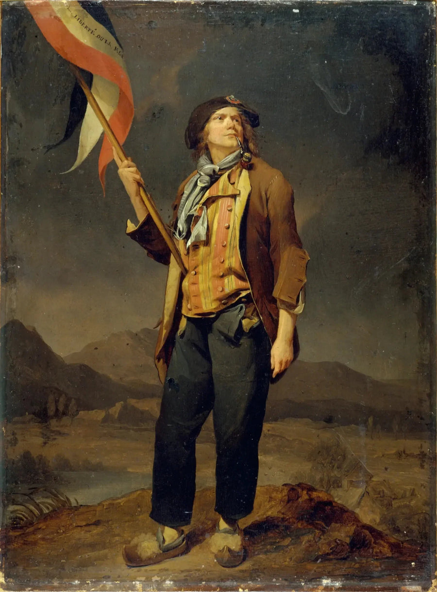 Porträtt av sångaren Simon Chenard (1758-1832), i sans-culotte-klädsel, med en flagga vid frihetsfesten i Savojen, den 14 oktober 1792 - Louis-Léopold Boilly