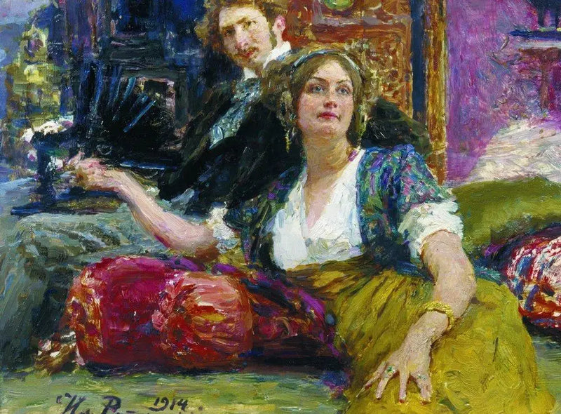 Porträtt av poeten, prosaförfattaren, översättaren och dramatikern Serguej Mitrofanovitj Gorodetski med sin fru - Ilya Repin