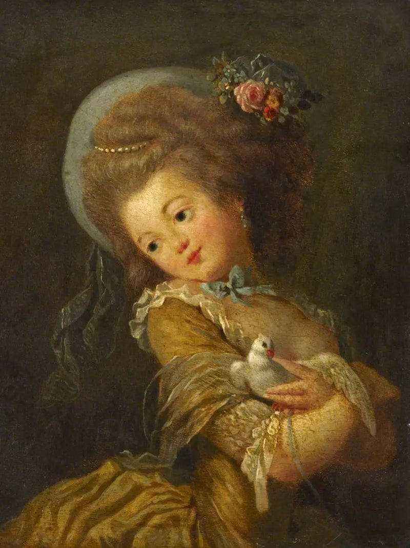 Porträtt av en ung flicka som håller en duva - Jean-Honoré Fragonard