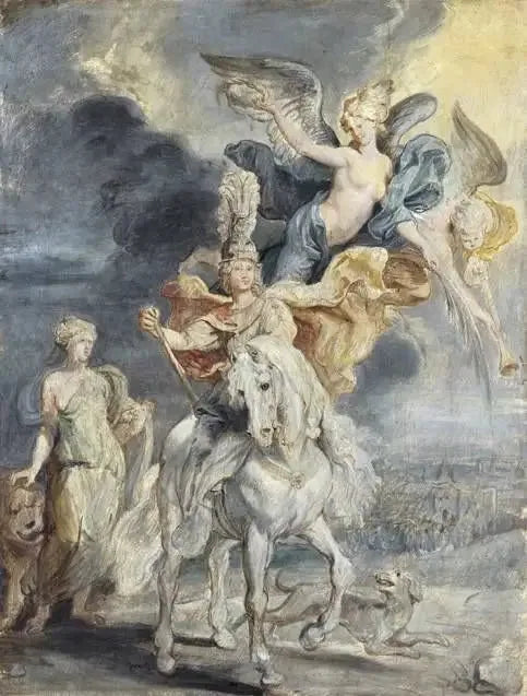 Hästporträtt av Marie de Médicis (1575-1642) och Juliers triumf - Peter Paul Rubens