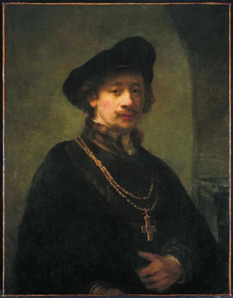 Självporträtt med basker, guldkedja och käpp - Rembrandt